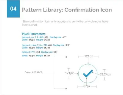 Pattern library — confirmation icon with pixel parameters and color spec