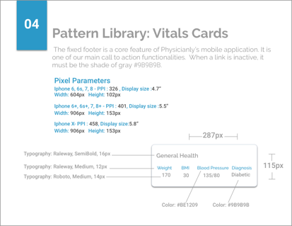 Pattern library — vitals cards component with pixel parameters, colors, and typography specs