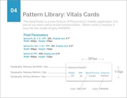 Pattern library — vitals cards component with pixel parameters, colors, and typography specs